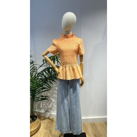 Blusa Cuadros Naranja | Blusa Nido Abeja | Blusa Mujer